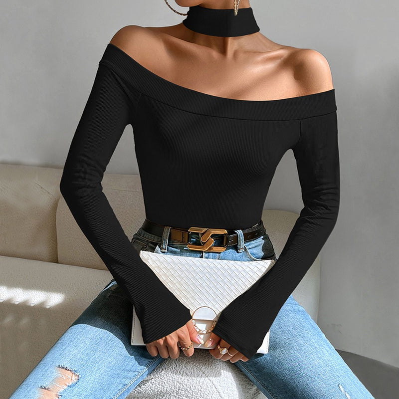 Off shoulder slim knit long sleeved temperament top - runwayfashionista.com