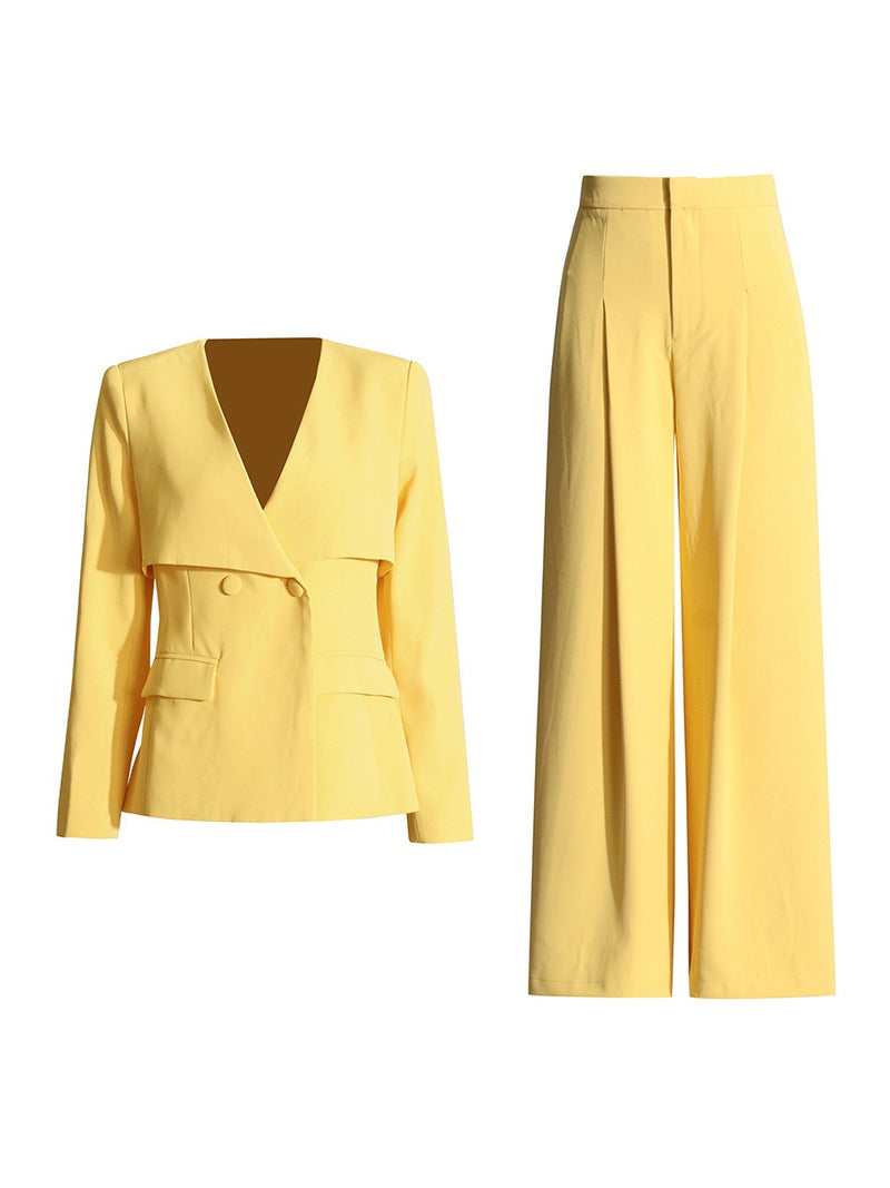 V-neck waist slimming suit+high waisted pleated wide leg pants set