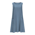A sleeveless, mid-length A-line tank dress with a round neck.