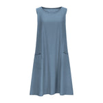 A sleeveless, mid-length A-line tank dress with a round neck.