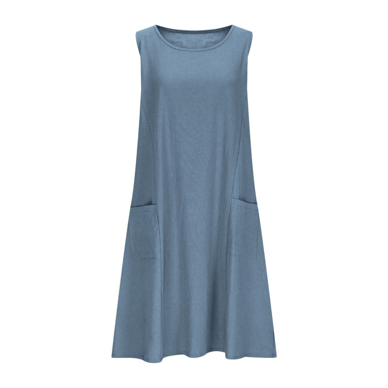 A sleeveless, mid-length A-line tank dress with a round neck.
