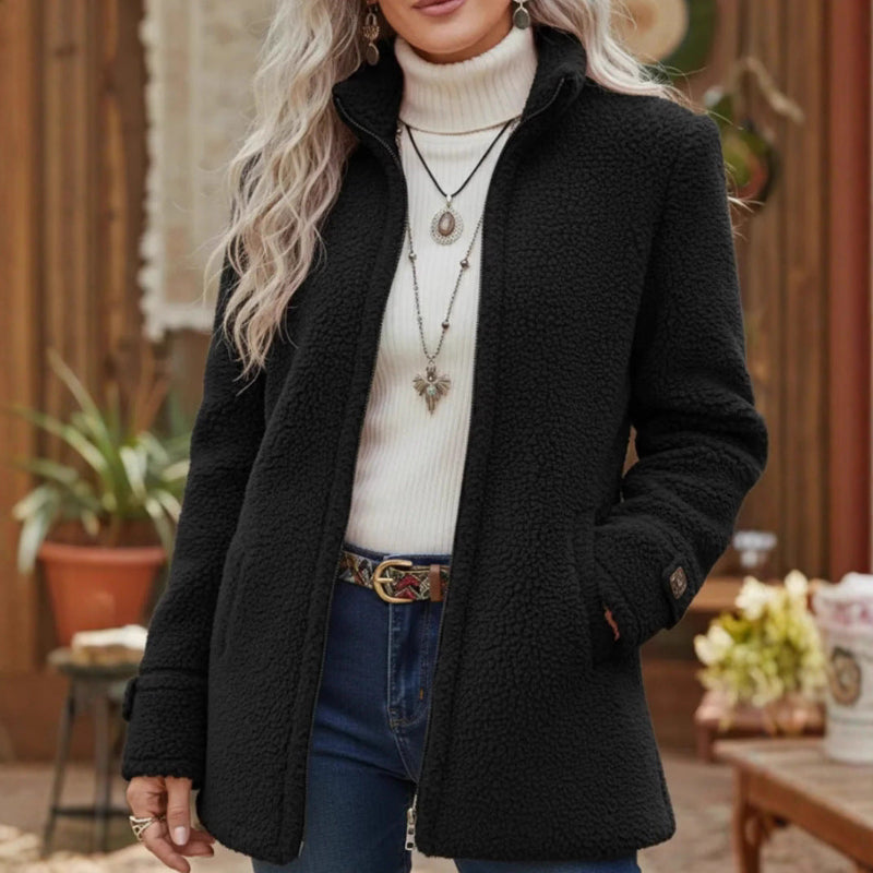 Stand Collar Zip-Up Fleece Jacket - black
