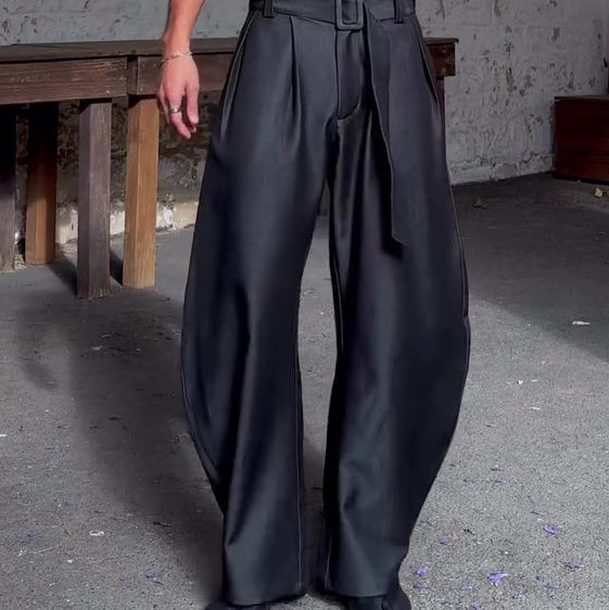 Chic Black Oversized Wide-Leg Pants With High-Waisted Belt