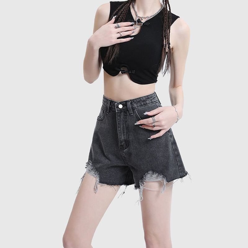 High Waist Distressed Loose Wide Leg Denim Shorts