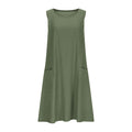A sleeveless, mid-length A-line tank dress with a round neck.