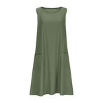 A sleeveless, mid-length A-line tank dress with a round neck.
