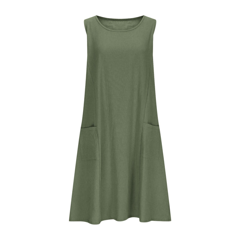 A sleeveless, mid-length A-line tank dress with a round neck.