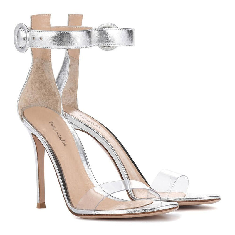 Shoes With Pvc Buckle and Silver Slim Heels - runwayfashionista.com