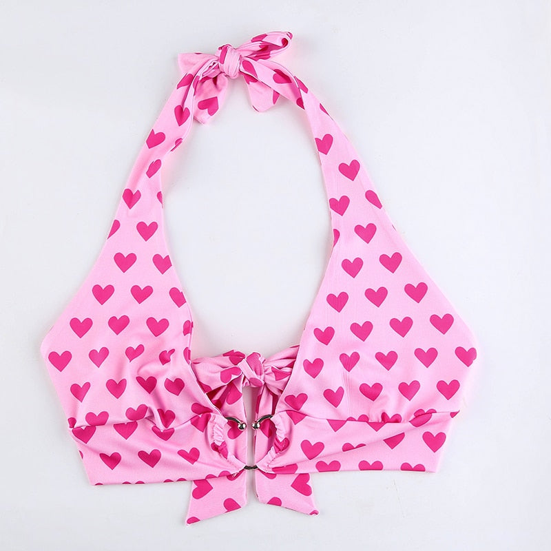 Heart Print Backless Halter Top - runwayfashionista.com