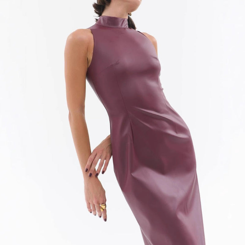 Sleeveless Stand-Up Collar Slit Midi Dress