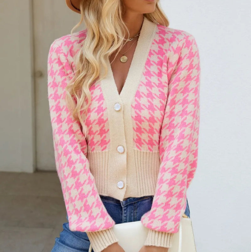 Houndstooth Button Up Long Sleeve Cardigan - runwayfashionista.com