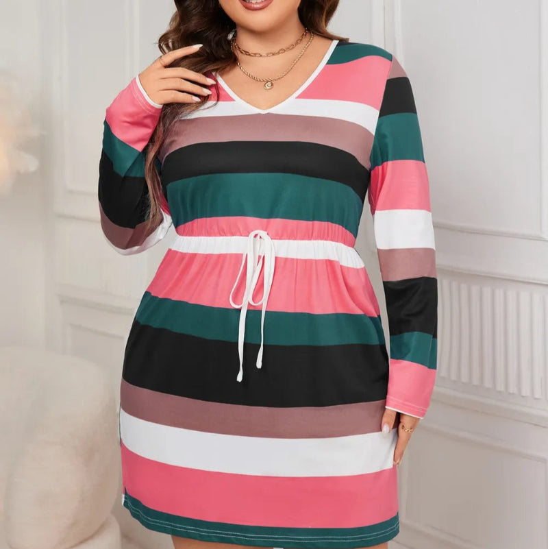 Plus Size Striped V-Neck Long Sleeve Mini Dress - runwayfashionista.com