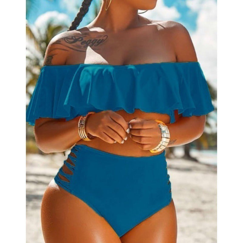 Off Shoulder Ruffle Edge Split Beach Bikini - runwayfashionista.com