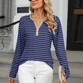 Striped Notched Long Sleeve T-Shirt - runwayfashionista.com