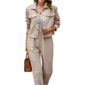 Plaid texture snap down top and pants set - runwayfashionista.com