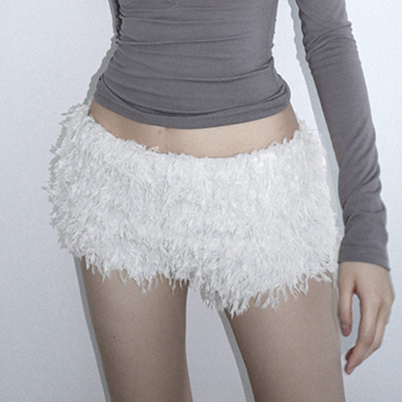 Comfy & Cute: White Low Waist Fuzzy Hot Pants for a Fresh, Sweet Style!