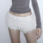 Comfy & Cute: White Low Waist Fuzzy Hot Pants for a Fresh, Sweet Style!