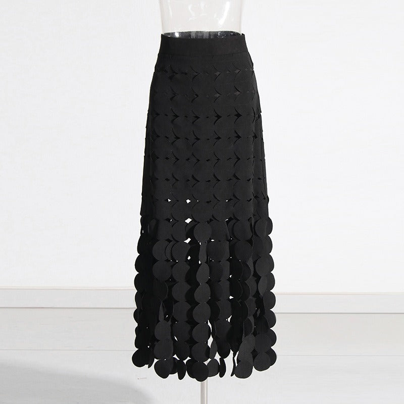 Circular Fringe High Waist Solid Color Skirt - runwayfashionista.com