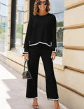 2 piece long sleeved knitted sweater top wide leg pants - runwayfashionista.com