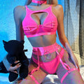 A splicing fishnet underwear set, featuring a black bra with a 3/4 cup and thin molded cups, and a matching fishnet design. The bra has fixed double shoulder straps and a single rear buckle.