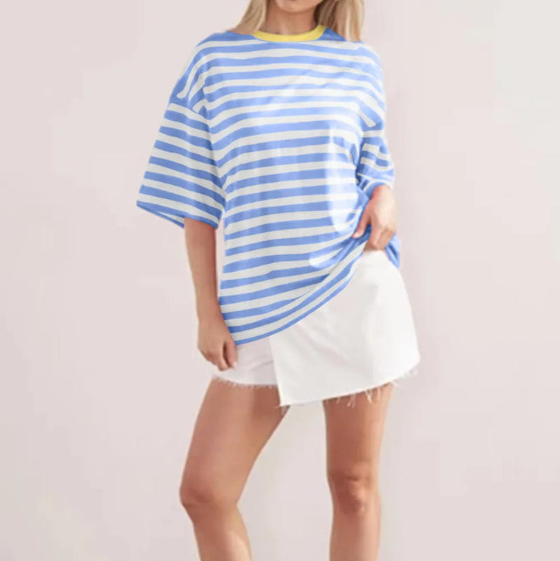 Casual Striped Quarter Sleeve T - Shirt - runwayfashionista.com
