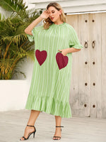 Plus Size Frill Heart Striped Half Sleeve Dress - Light Green - runwayfashionista.com