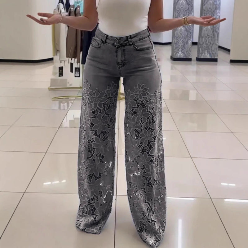 Y2K Lace Flowers Hollow Jeans - grey