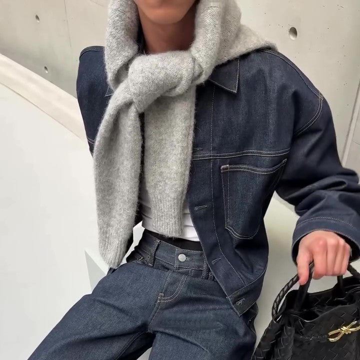 Dark Denim Oversized Jacket And Wide-Leg Pants Set