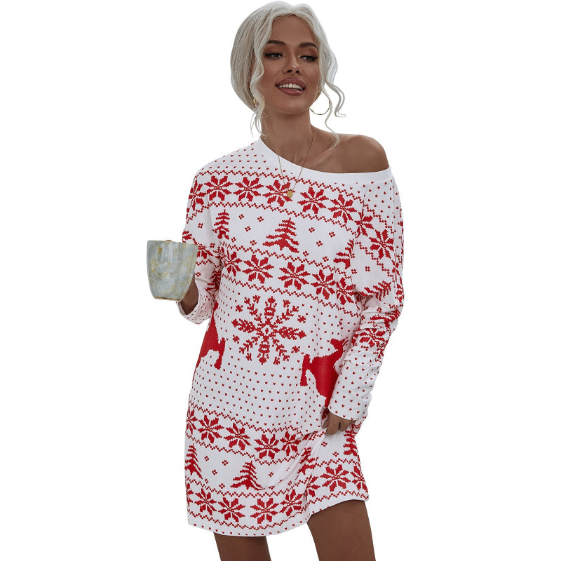 Christmas Snowflake Print Long-Sleeve Dress