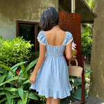 French-Style Square-Neck Puff-Sleeve A-Line Dress