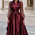 Sheer-Mesh-Sleeve Shirt-Collar V-Neck Self-Tie Bow-Belt Voluminous A-Line Midi Dress — Wine Red, S–2XL 
