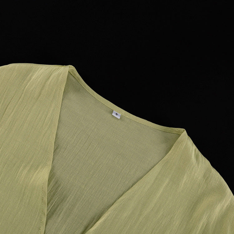 Sage Green 3-Piece Crop Top, Kimono Cardigan & Wide Leg Pants