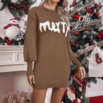 Merry Christmas Lantern Sleeve Knit Mini Dress - brown