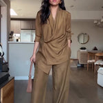 Wrap-style Satin Blouse And Wide-leg Pants Set