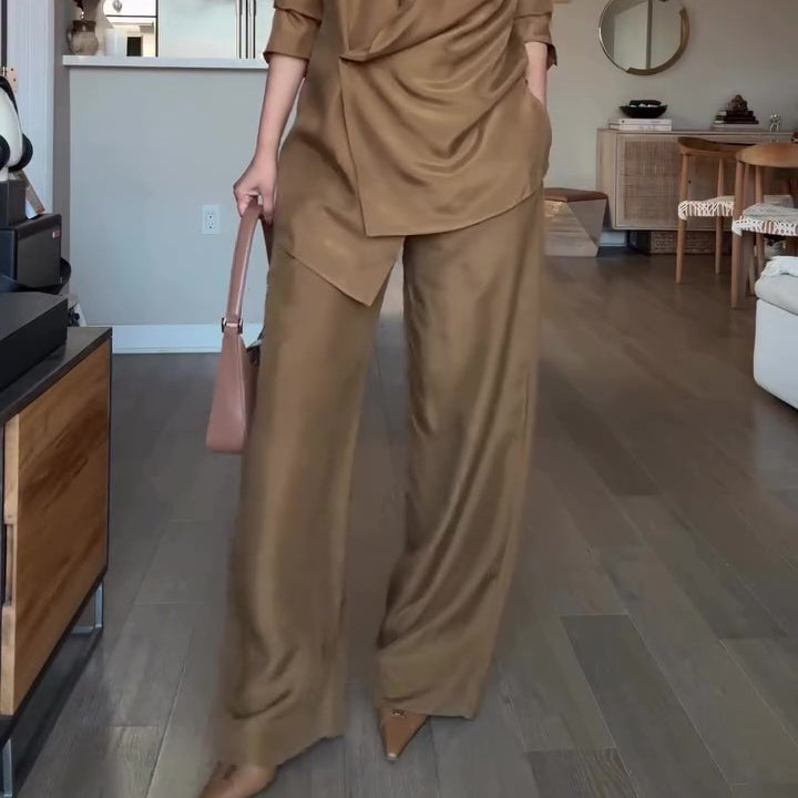 Wrap-style Satin Blouse And Wide-leg Pants Set