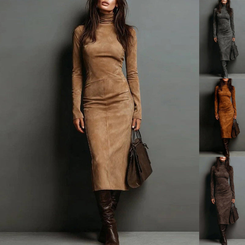 High Neck Long Sleeve Midi Dress