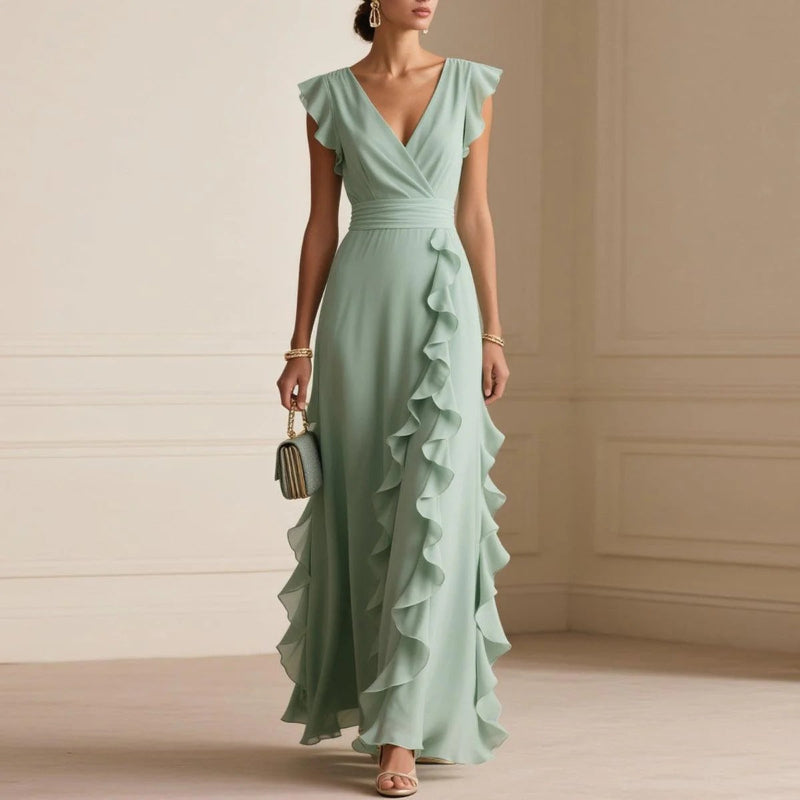 V-Neck Ruffle Maxi Dress - green