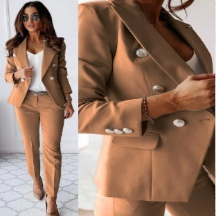 Chic Slim Lapel Double-Breasted Suit -brown
