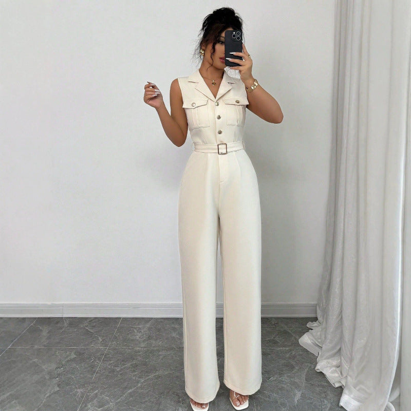 Tailored Notch-Lapel Button-Front Patch-Pocket Belted Wide-Leg Sleeveless Jumpsuit - beige