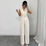 Tailored Notch-Lapel Button-Front Patch-Pocket Belted Wide-Leg Sleeveless Jumpsuit - beige