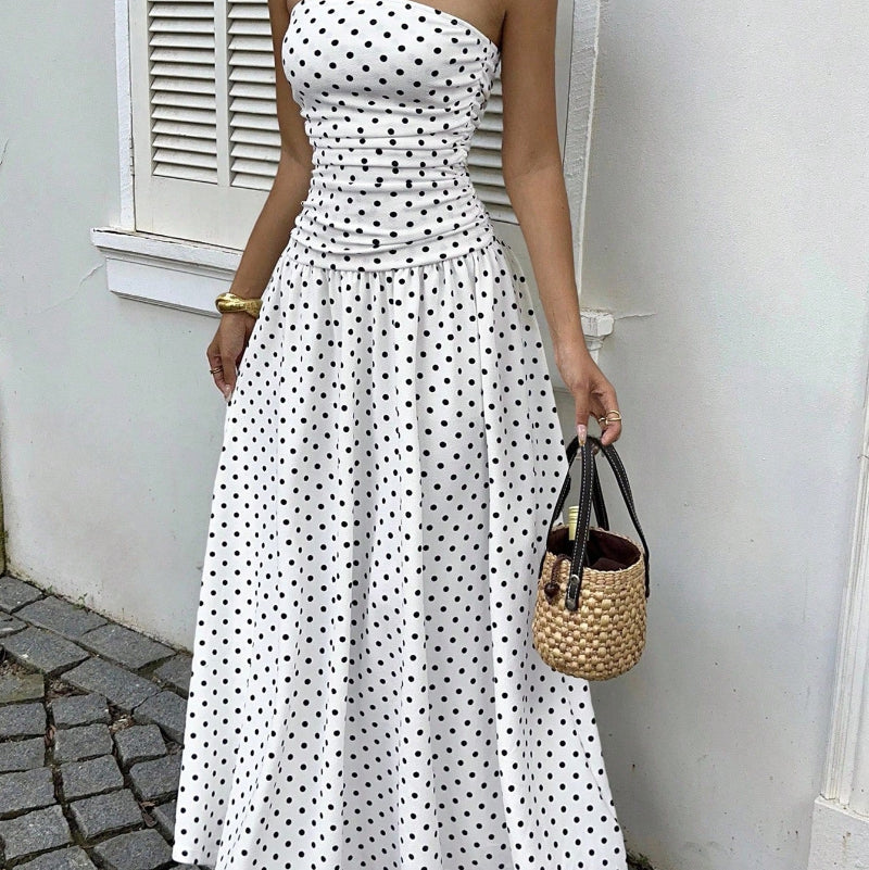 Elegant Polka-dot Off-shoulder Midi Dresses - white