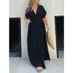 Short Sleeve Elastic Waist Maxi Dresses - Black