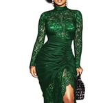 High Neck Long Sleeve Lace Maxi Dress - green