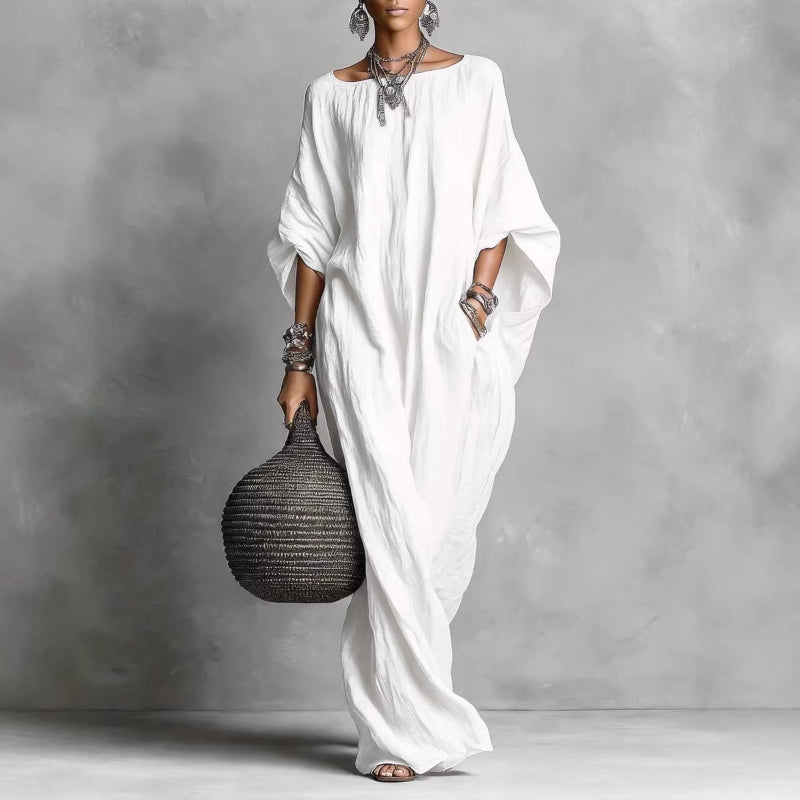 Relaxed Batwing Sleeve Maxi Dress with Pockets - white