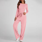 2 Pieces Long Sleeve Tops High Waisted Wide Leg Pants - pink