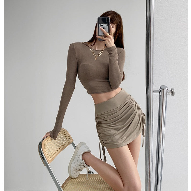 High-Waist Side-Drawstring Ruched Bodycon Mini Skirt — Black, Grey, Khaki & White