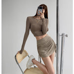 High-Waist Side-Drawstring Ruched Bodycon Mini Skirt — Black, Grey, Khaki & White