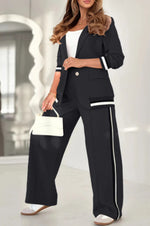 2 Pcs Set Long Sleeves Jacket Wide Leg High Waist Trousers Outfit -black