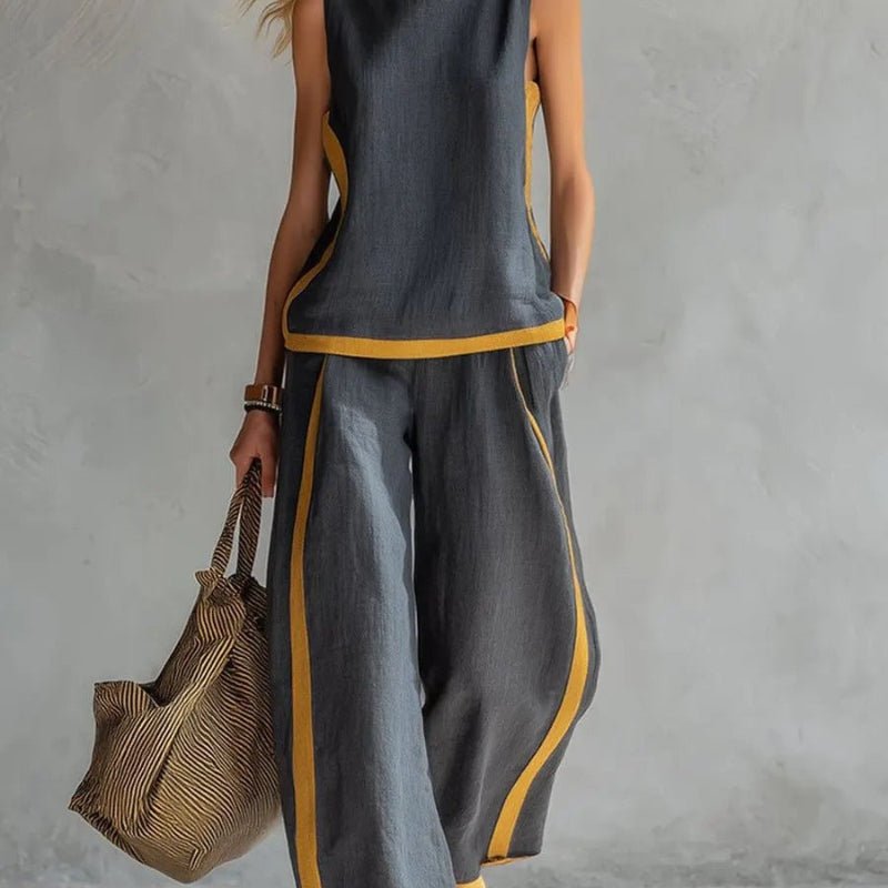 Round-neck Sleeveless Vest Top And High-waist Wide-leg Pants - grey