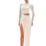 White Waist Cutout Long Sleeve Rhinestone Maxi Dress